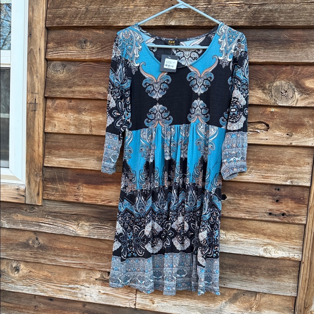 R&b collection Elegant Blue and Black Patterned Dress